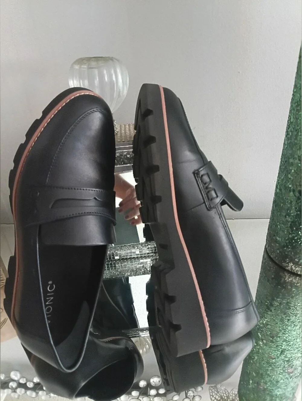 Vionic Black Leather Penny Loafers with Brown Trim